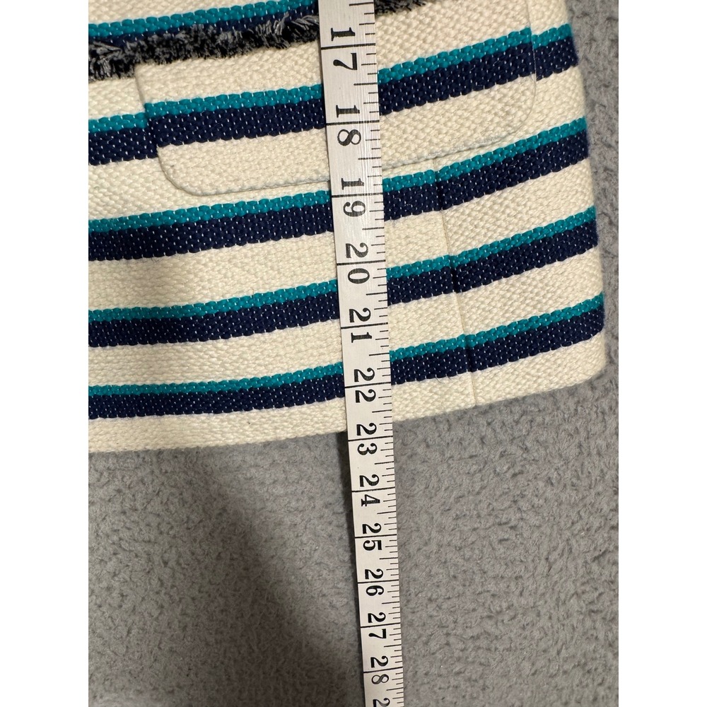 Talbots Women's Striped Blazer Jacket Size 8 Navy Teal White Fringe Collarless - Picture 6 of 9
